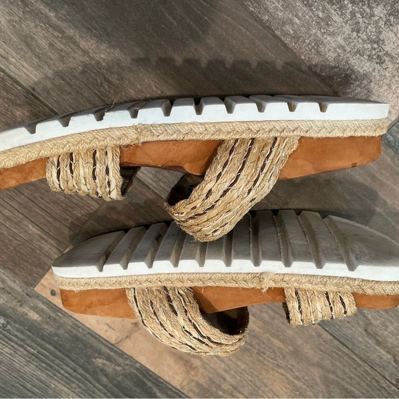 J Slides NYC Tan Raffia Gold Accent Leather Size 7.5 - Picture 6 of 10